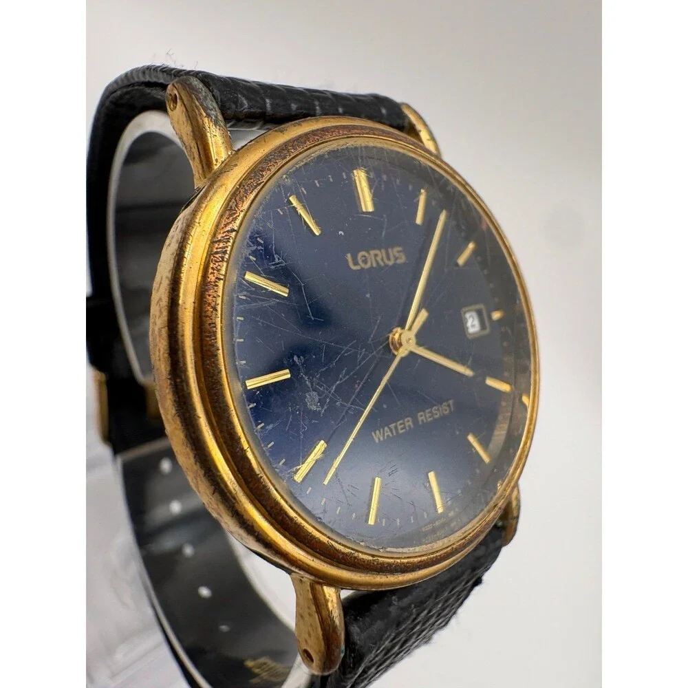 Lorus Men's Watch Blue Dial Date Gold-Tone Case Black Leather Strap VX32-X193